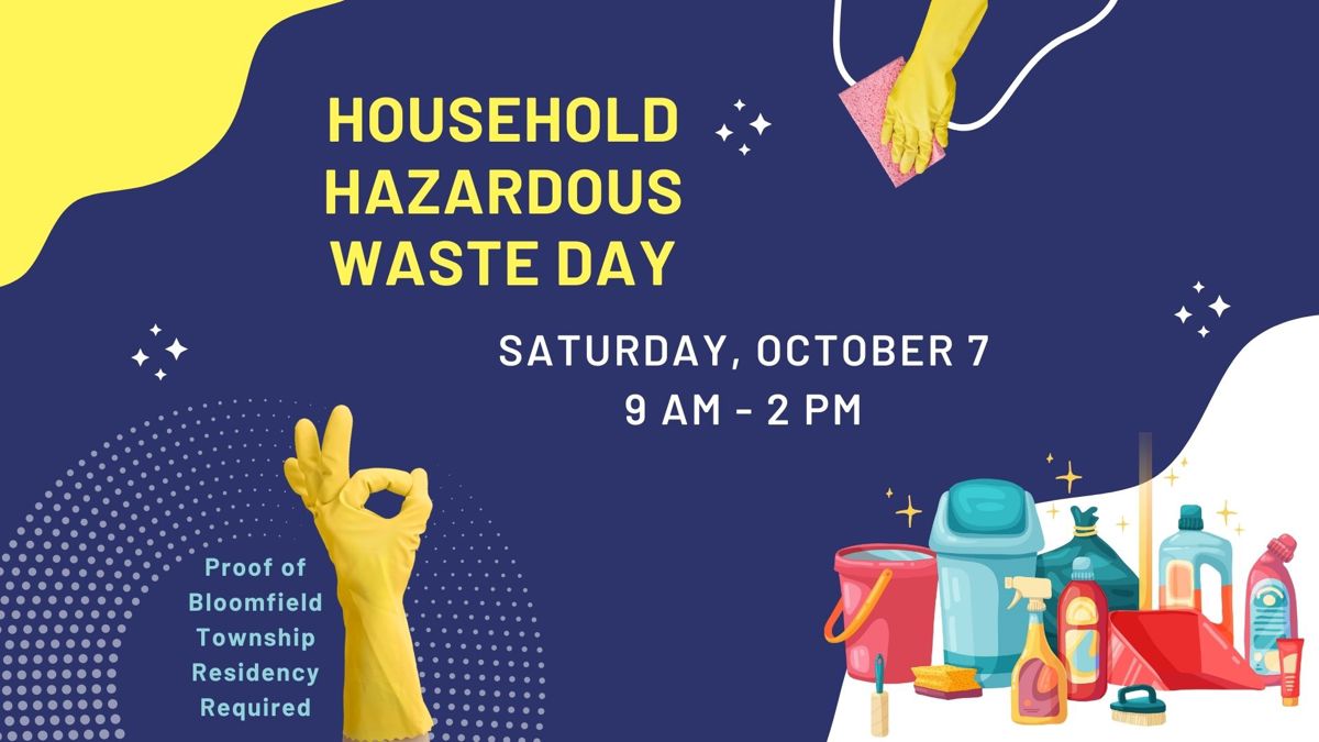 Cleaning products and rubber gloves with the words "household hazardous waste day" in the center. 